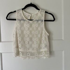 Lush White Lace Crop Top Embroidered Knit, Size Small